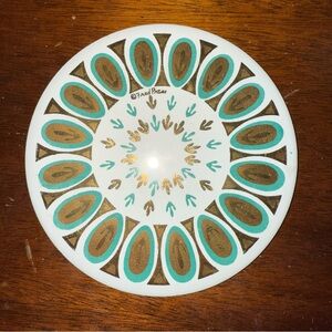 Vintage MCM Fred Press Ceramic 6” Diameter Tile Trivet Gold Turquoise